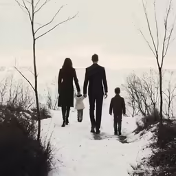 a man and a woman are holding hands walking down a snowy path