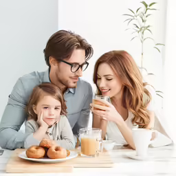 a man and two women at a table with donuts