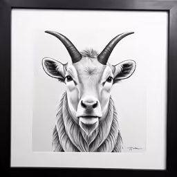 an illustration in black and white of a long horn goat