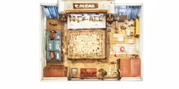 an overhead view of a kitchen with cabinets and cupboards