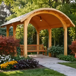 a wooden bench sitting under a covered pavilion