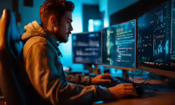 a man sits at a computer with two monitors