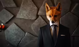 a person in a suit and tie is standing in front of rocks
