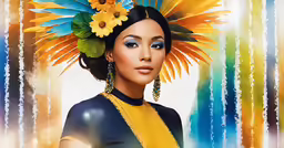 woman with flower headdress in front of colorful backdrop