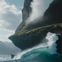 some very pretty waves in the water by a rocky cliff