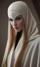 a woman is wearing a white headdress and white shawl