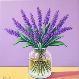 a painting of purple flowers in a glass jar on a table