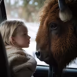 little girl looking at the bison through window in the car