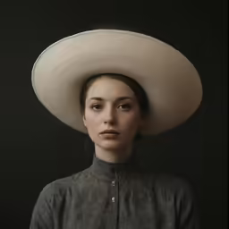 a woman with a large white hat on her head