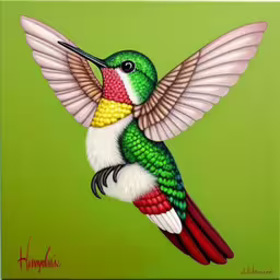 a green and white hummingbird on green,painting of colorful hummingbird on green with wings,a hummingbird painted on a green background,an image of a humming bird on a green background,a painting of a hummingbird flying in the air