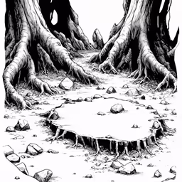 a black and white ink drawing of an area with trees