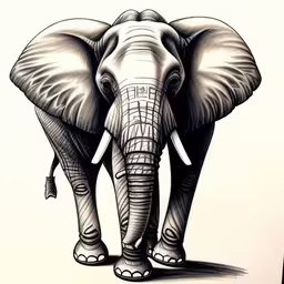 a sketch of an elephant standing on a white background,an elephant with its tusks showing, it is drawn by hand,a sketch of an elephant is featured in this photo,an elephant drawing is shown in this black and white image,an elephant with one eye drawn and the other drawn with pencil
