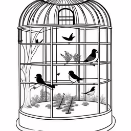 birds in a cage on a birdbath,black birds in a cage with trees, grass and plants