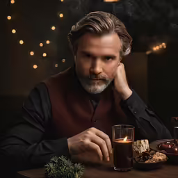 a man sitting at a table with a glass of wine