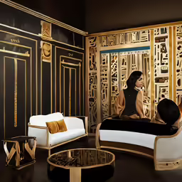 two woman sitting on a white couch in front of an ornate gold wall