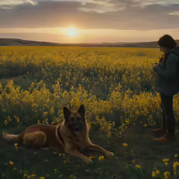 a woman and her dog sit on the ground in front of a field