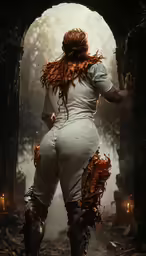 a woman with large arms in a cosplay posing