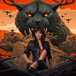 the girl is sitting on a rock beside a black cat