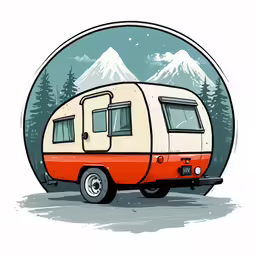 an old, camper trailer sits behind a snowy mountain