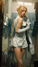 a beautiful young woman dressed in all white posing for a picture