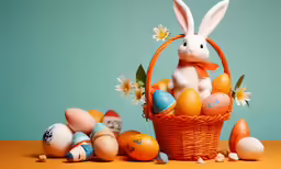 an easter bunny sitting in a basket filled with painted eggs
