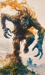 a creature with flames standing on top of a mountain