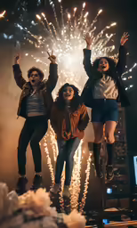 three female friends are jumping high into the air