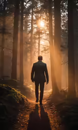 a man in suit walking in the woods