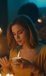 woman looking down with lit candles on her side