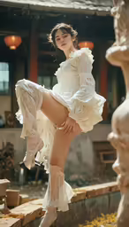 a women is posing on a wall with her legs spread