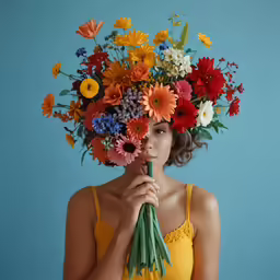 a girl with a bunch of colorful flowers on her head