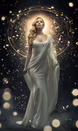 woman in white gown with flowing gold dust
