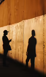a shadow of people standing near a wall