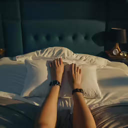 a person is lying on a large bed
