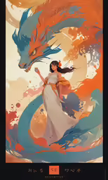 a girl standing near an orange dragon