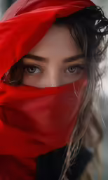 a woman wearing a red cloth covering her face