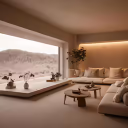 living room with mountains out of the window