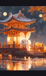 a bunny is in front of a lighted building