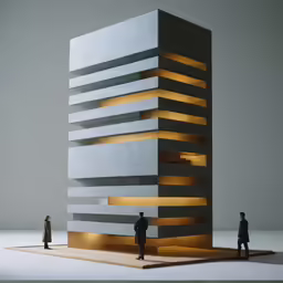 two people looking at a tall structure with lit stripes on it