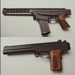 two different types of guns, one being a submacler