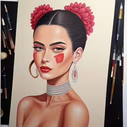 a painting on a white sheet with red flowers,this painting features the same artwork as the other image,this is a painting of a girl wearing jewelry,a poster showing a young woman with face paint,a painting of an oriental lady wearing jewelry and a flower in her hair