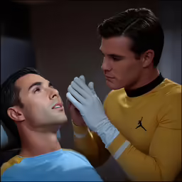 a man sitting next to another mans head while wearing gloves
