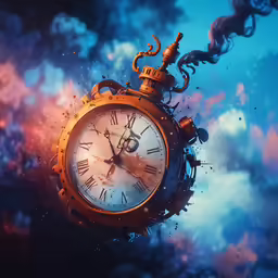 a clock flying through the air in a cloudy sky