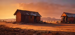 two shacks stand in a desert landscape with an orange sky,two old shacks with roofing sitting in a dry grass field