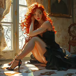 a beautiful woman in black dress sitting on the floor,an artistic painting of a woman sitting in a chair