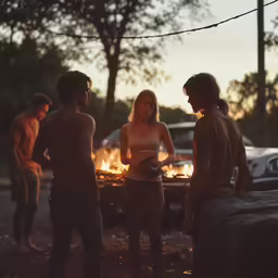four people standing around in front of a burning camp fire