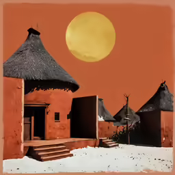 a group of huts in an orange sky