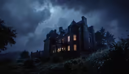an abandoned mansion under a cloudy sky at night