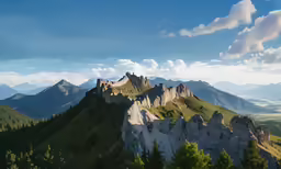 a hill is in the foreground, with large mountains on either side and a few trees around it