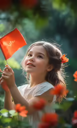 the young girl in white holds a red flag